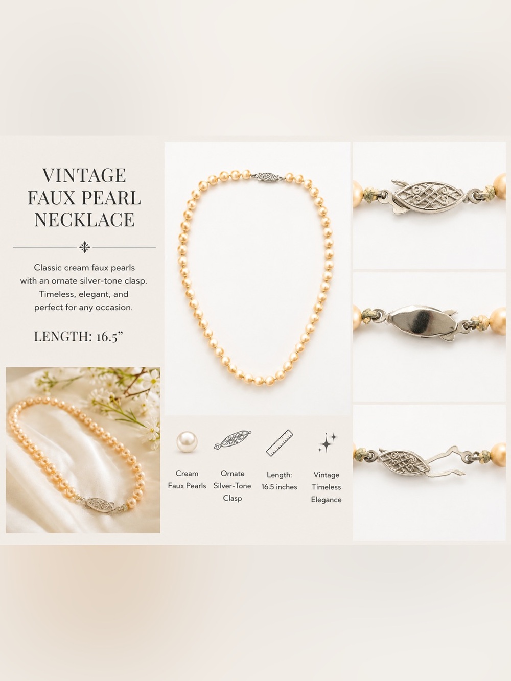 Vinatge Cream Faux Pearl Necklace with Silver-Tone Clasp